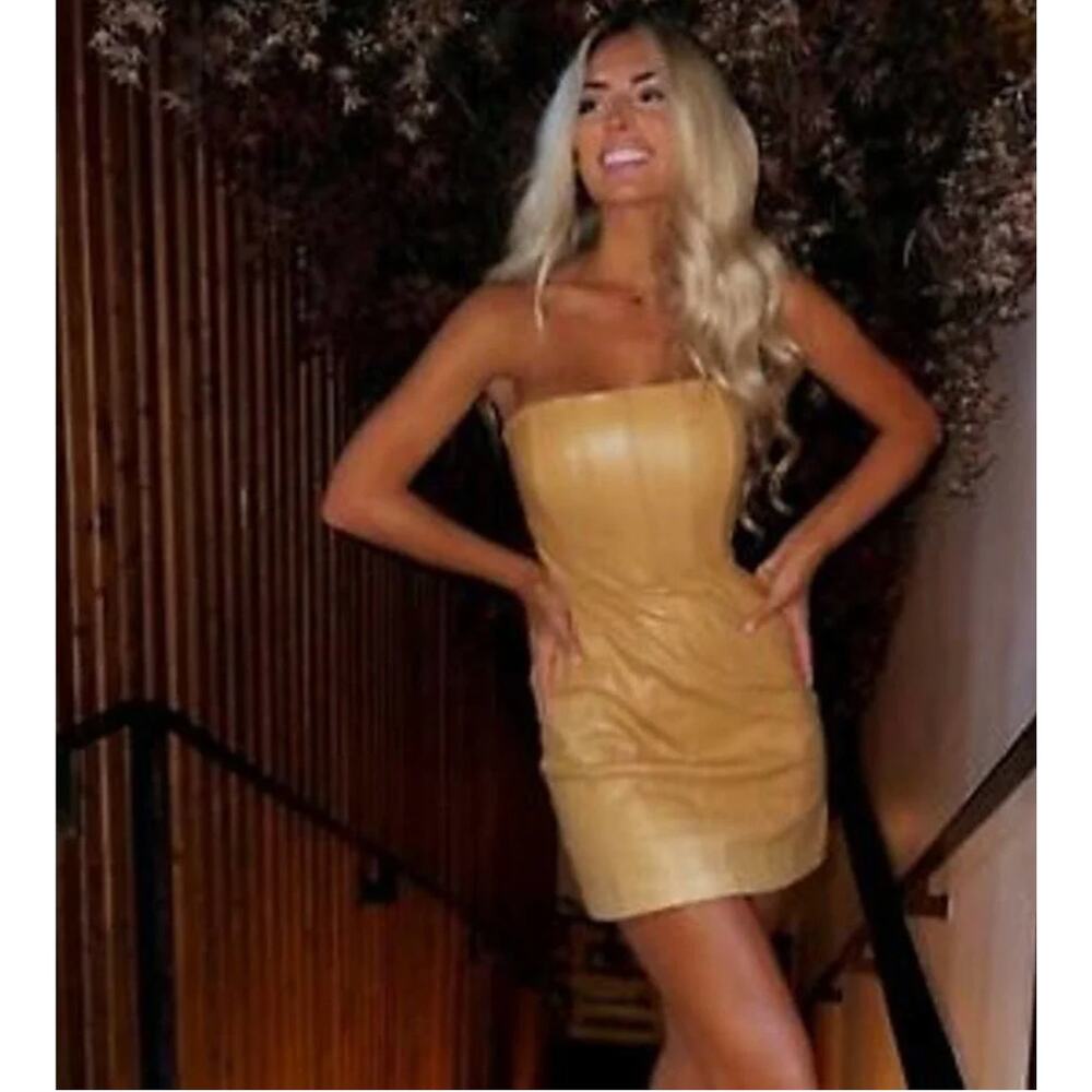 NWT Zara Faux Leather Strapless Mini Dress in Caramel Size L - Picture 3 of 16